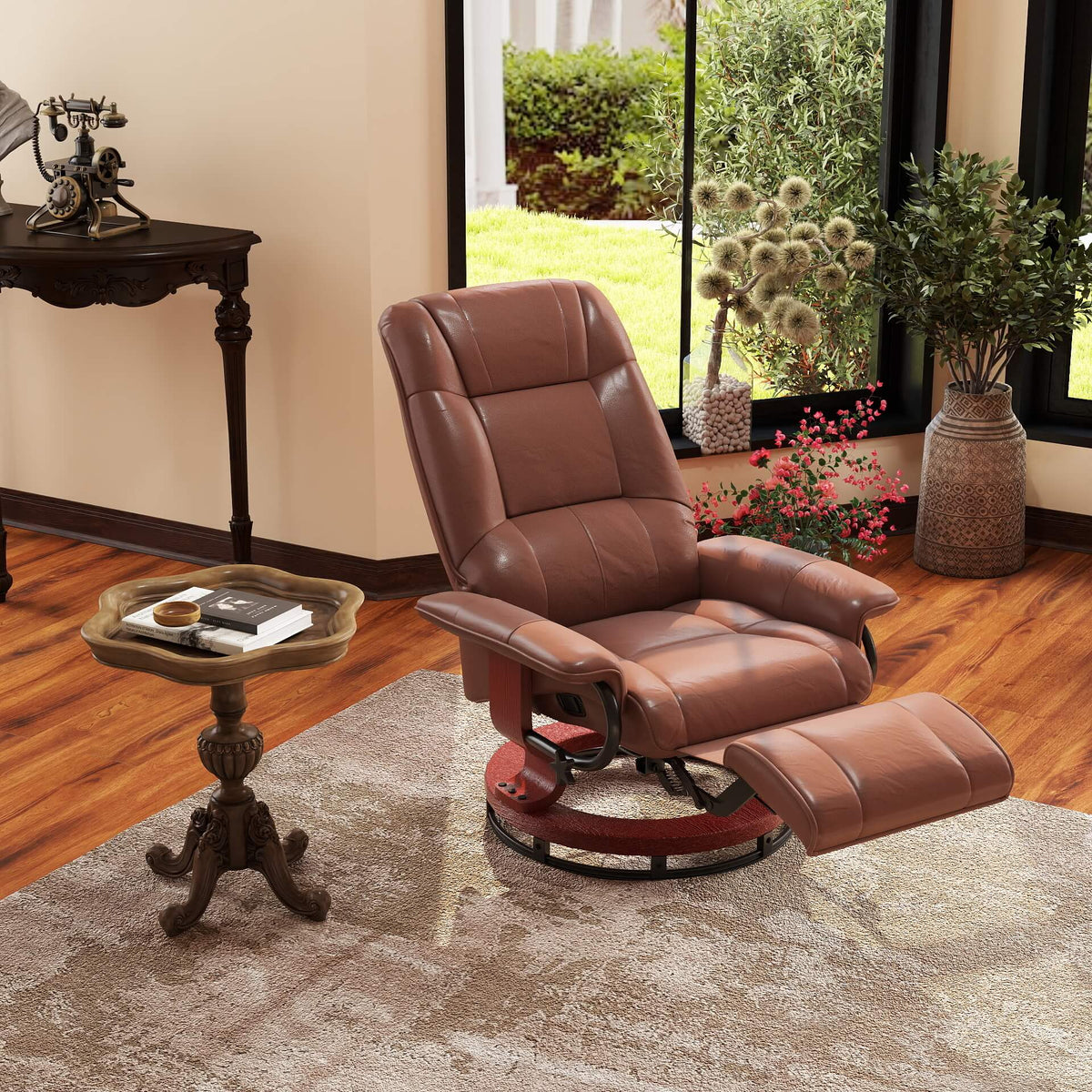 Relaxfauteuil, 145° kantelbaar, verstelbare voetensteun, kunstleer, 360° draaibaar, tot 120 kg, bruin (2)